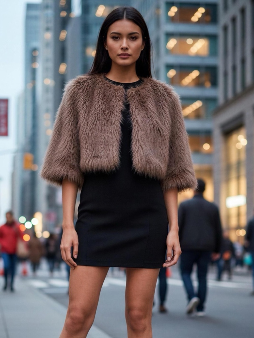 ADROIT Faux Fur CollarlessJacket in Brown